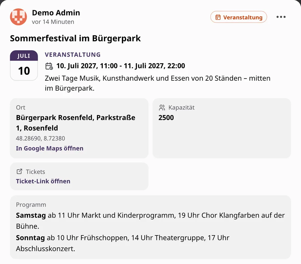 Termin, Programm und Tickets in einem Beitrag